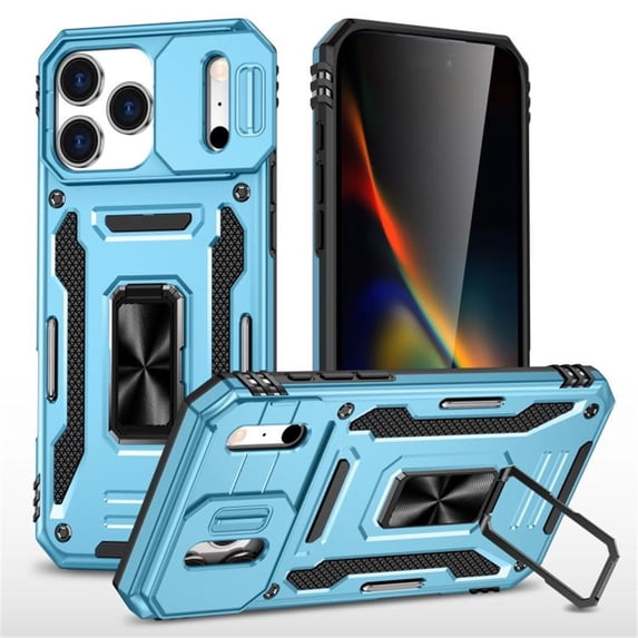 For Apple iPhone 17 Pro 6.3" PC+TPU Slim Fit With Slide Camera Cover & Rotated Ring Kickstand,Shockproof Phone Case,Light Blue,For iPhone 17 Pro