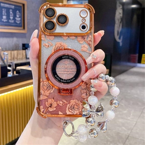For Apple iPhone 17 Pro Max Case Electroplating Gradient Glitter Anti Drop Phone Case With Pearl Bracelet Hanging Rope,Orange,For iPhone 17 Pro Max