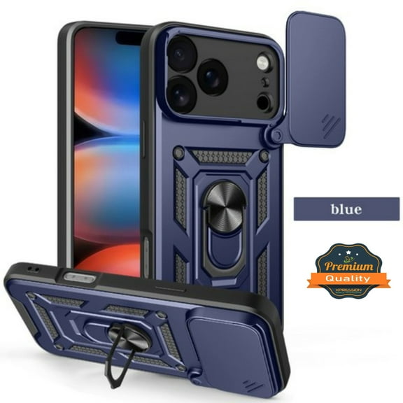 For Apple iPhone 17 Pro Max Heavy Duty Case with Magnetic Ring Stand & Sliding Camera Protector [Blue]