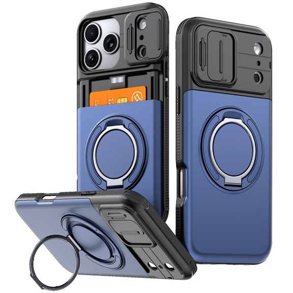 For Apple iPhone 17 Pro Phone Case With Finger Ring Holder Kickstand, Card Slots,Heavy Duty Shockproof Rugged Protective Cover,Blue,For iPhone 17 Pro