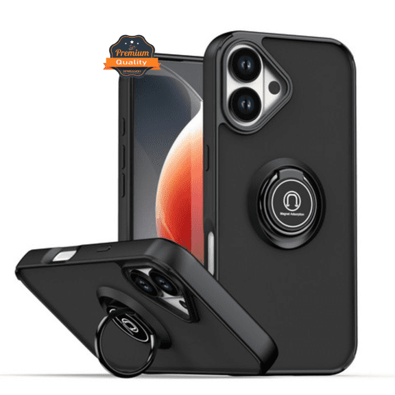 For Apple iPhone 17 Ring Stand Case, Slim Hybrid Matte Magnetic Back Holder Cover [Black]