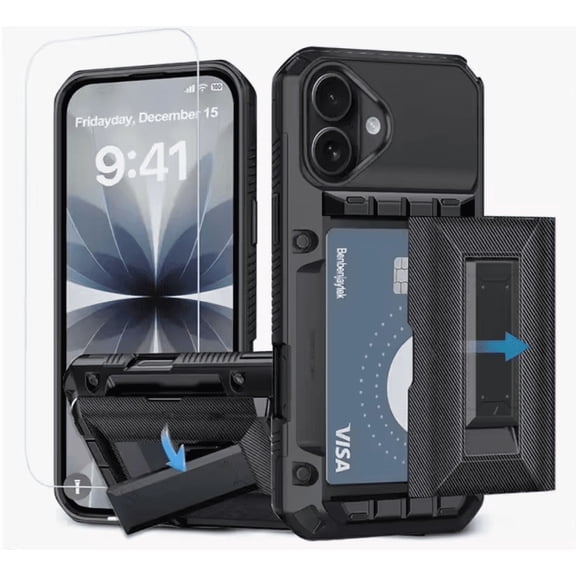 For Apple iPhone 17 iPhone 16 Card Wallet Case w / Kickstand