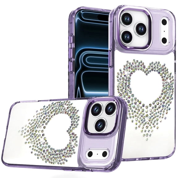 For Apple iPhone 18 Pro Angel Hearts Bling Shimmer Colorful Glitter Chrome Edged Hybrid Case - Purple