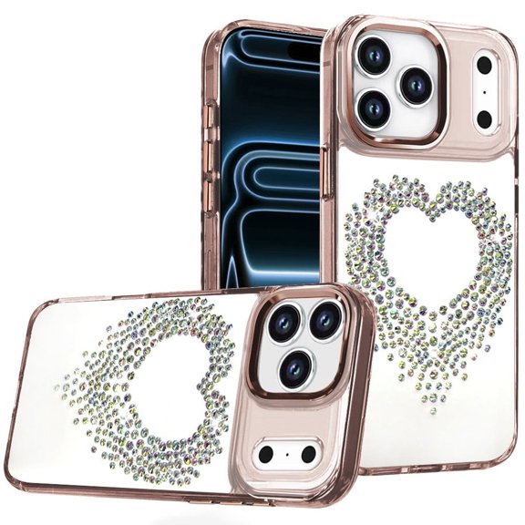 For Apple iPhone 18 Pro Angel Hearts Bling Shimmer Colorful Glitter Chrome Edged Hybrid Case - Rose Gold