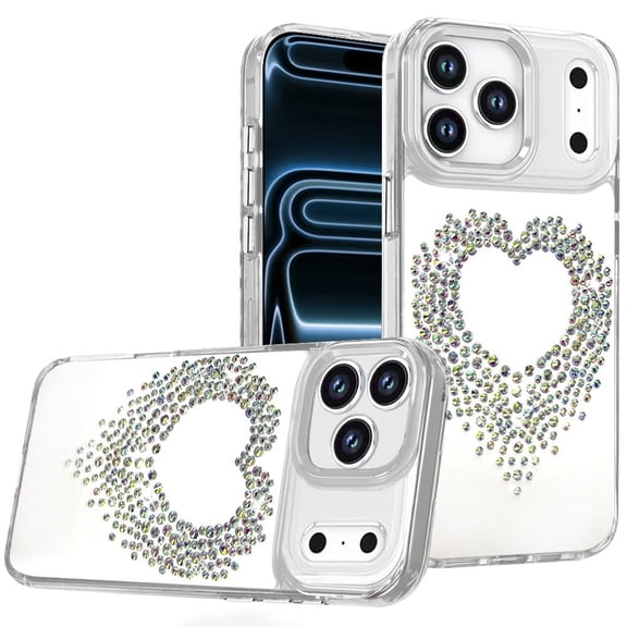 For Apple iPhone 18 Pro Angel Hearts Bling Shimmer Colorful Glitter Chrome Edged Hybrid Case - Silver