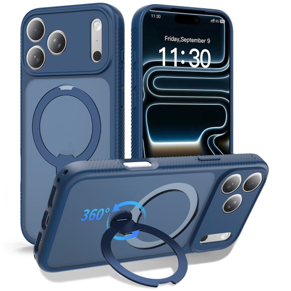 For Apple iPhone 18 Pro Magnetic Case, 360° Rotating Ring Kickstand, MagSafe Compatible, Heavy Duty Shockproof Protection, Matte Blue