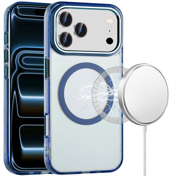 For Apple iPhone 18 Pro Magnetic Circle Ring Transparent Premium Acrylic with Metal Buttons & Camera Raised Lip - Blue
