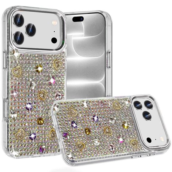 For Apple iPhone 18 Pro Max Charming Hearts Bling Diamonds Stones Chrome Hybrid Case - Silver