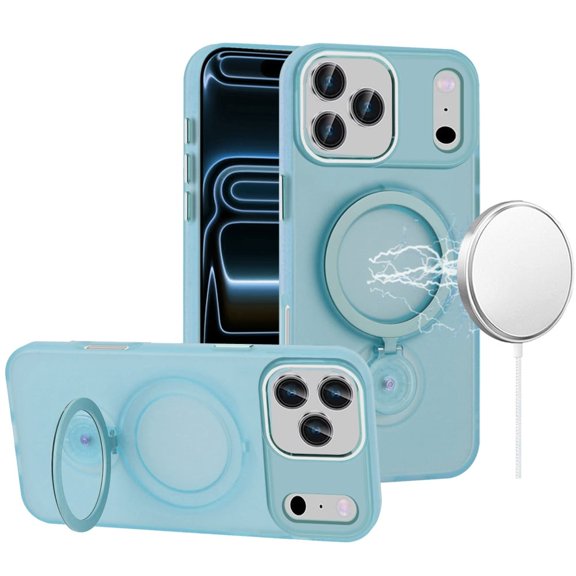For Apple iPhone 18 Pro Max Compatible Hoop 360 degree Ring Stand HD Transparent Chrome Hybrid Case Cover - Sky Blue