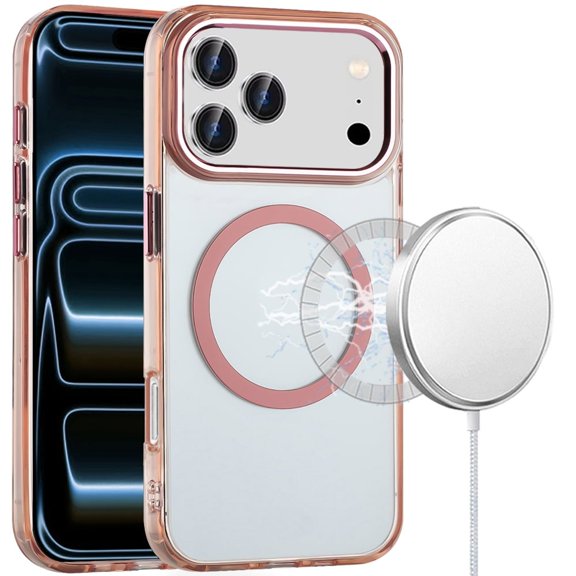 For Apple iPhone 18 Pro Max Magnetic Circle Ring Transparent Premium Acrylic with Metal Buttons & Camera Raised Lip - Rose Gold