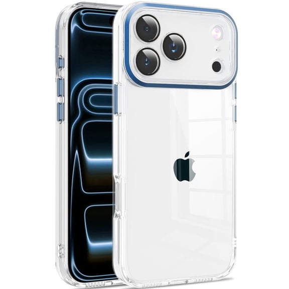 For Apple iPhone 18 Pro Transparent Clear Hybrid with Matching Metal Buttons and Camera Protection - Blue