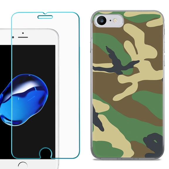 For Apple iPhone 7 / iPhone 8 Case, Slim-Fit TPU Phone Case, with Tempered Glass Screen Protector, by OneToughShield ® - Camo Green