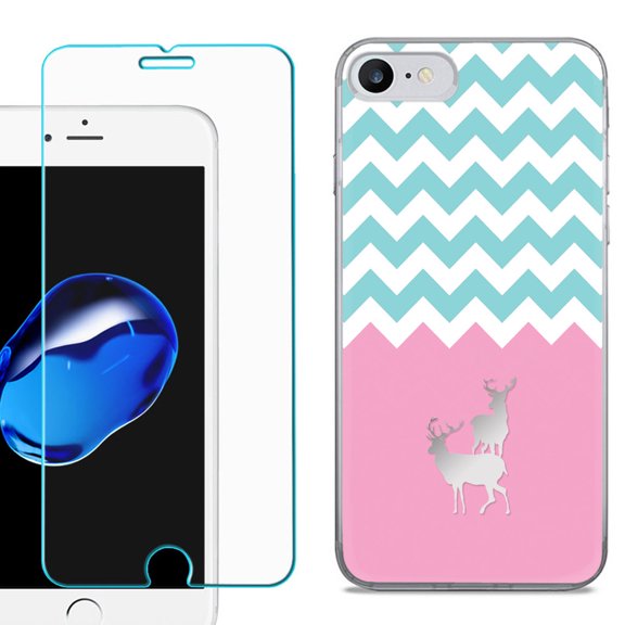 For Apple iPhone 7 / iPhone 8 Case, Slim-Fit TPU Phone Case, with Tempered Glass Screen Protector, by OneToughShield ® - Chevron/Teal/Deer