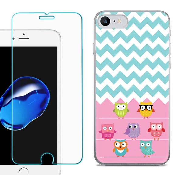 For Apple iPhone 7 / iPhone 8 Case, Slim-Fit TPU Phone Case, with Tempered Glass Screen Protector, by OneToughShield ® - Chevron/Teal/Owl