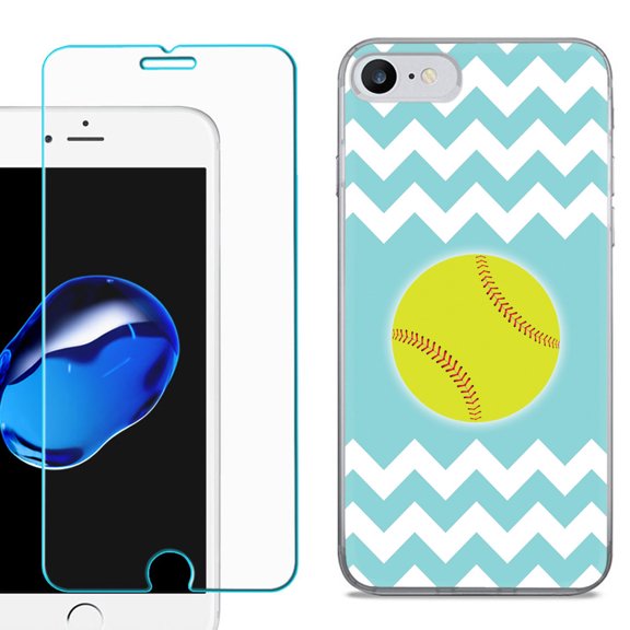 For Apple iPhone 7 / iPhone 8 Case, Slim-Fit TPU Phone Case, with Tempered Glass Screen Protector, by OneToughShield ® - Chevron/Teal/Softball