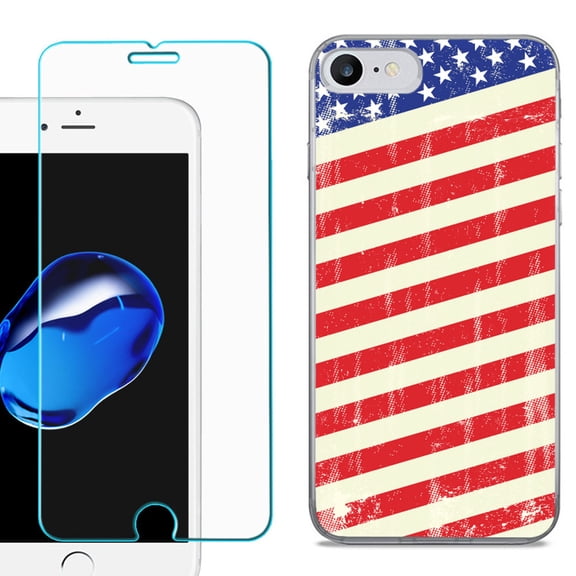 For Apple iPhone 7 / iPhone 8 Case, Slim-Fit TPU Phone Case, with Tempered Glass Screen Protector, by OneToughShield ® - Flag / USA