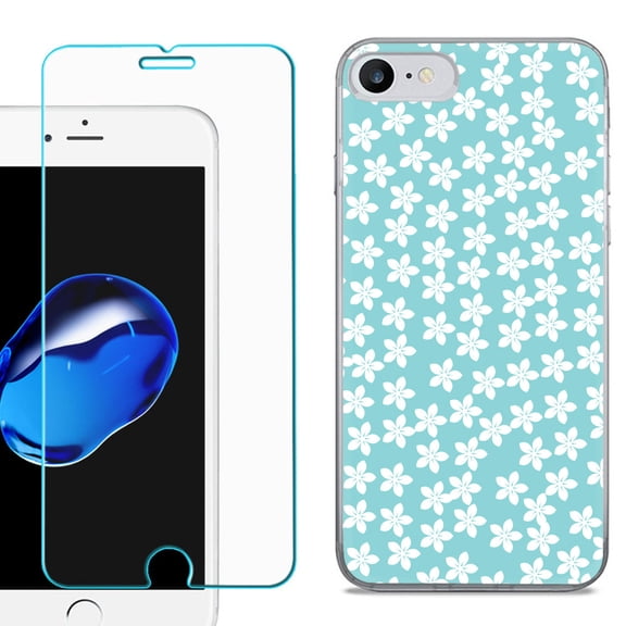 For Apple iPhone 7 / iPhone 8 Case, Slim-Fit TPU Phone Case, with Tempered Glass Screen Protector, by OneToughShield ® - Flower/Teal