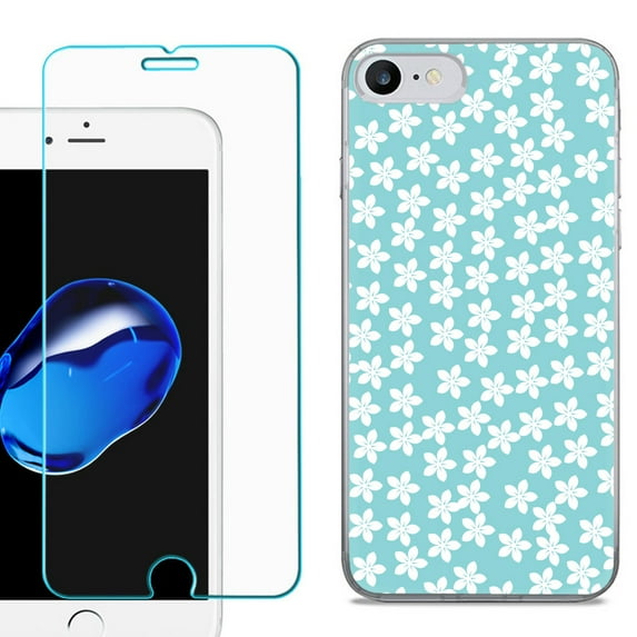 For Apple iPhone 7 / iPhone 8 Case, Slim-Fit TPU Phone Case, with Tempered Glass Screen Protector, by OneToughShield ® - Flower/Teal