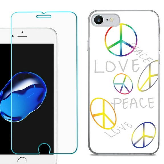 For Apple iPhone 7 / iPhone 8 Case, Slim-Fit TPU Phone Case, with Tempered Glass Screen Protector, by OneToughShield ® - Love/Peace