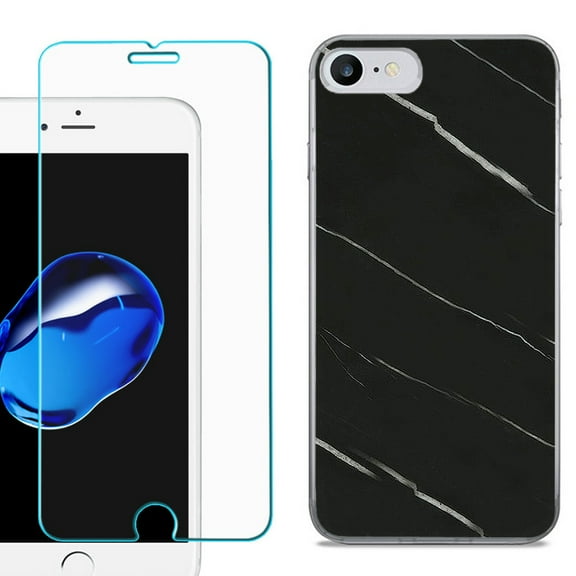 For Apple iPhone 7 / iPhone 8 Case, Slim-Fit TPU Phone Case, with Tempered Glass Screen Protector, by OneToughShield ® - Marble / Black