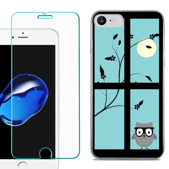 For Apple iPhone 7 / iPhone 8 Case, Slim-Fit TPU Phone Case, with Tempered Glass Screen Protector, by OneToughShield ® - Moon Owl