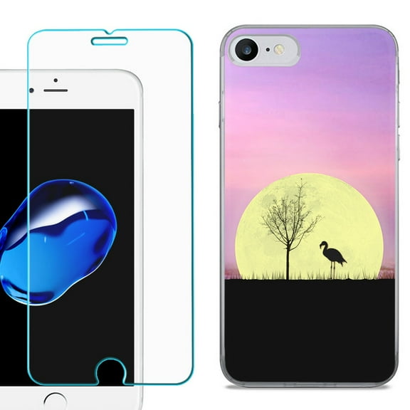 For Apple iPhone 7 / iPhone 8 Case, Slim-Fit TPU Phone Case, with Tempered Glass Screen Protector, by OneToughShield ® - Moonlight Flamingo