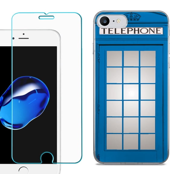 For Apple iPhone 7 / iPhone 8 Case, Slim-Fit TPU Phone Case, with Tempered Glass Screen Protector, by OneToughShield  - Phone Booth Blue