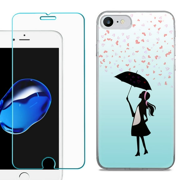 For Apple iPhone 7 / iPhone 8 Case, Slim-Fit TPU Phone Case, with Tempered Glass Screen Protector, by OneToughShield ® - Rain/Hearts