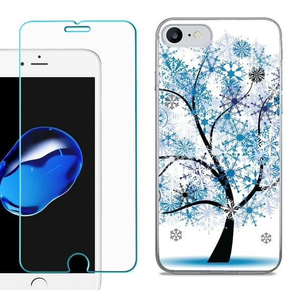 For Apple iPhone 7 / iPhone 8 Case, Slim-Fit TPU Phone Case, with Tempered Glass Screen Protector, by OneToughShield ® - Snowflakes Tree