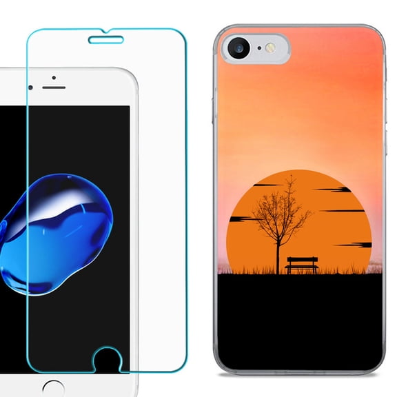For Apple iPhone 7 / iPhone 8 Case, Slim-Fit TPU Phone Case, with Tempered Glass Screen Protector, by OneToughShield ® - Sunset/Bench