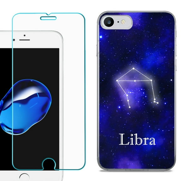 For Apple iPhone 7 / iPhone 8 Case, Slim-Fit TPU Phone Case, with Tempered Glass Screen Protector, by OneToughShield - Zodiac / Libra