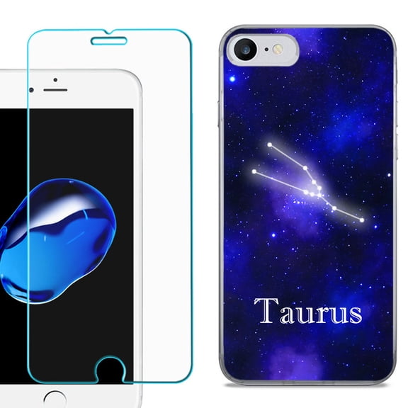 For Apple iPhone 7 / iPhone 8 Case, Slim-Fit TPU Phone Case, with Tempered Glass Screen Protector, by OneToughShield ® - Zodiac / Taurus