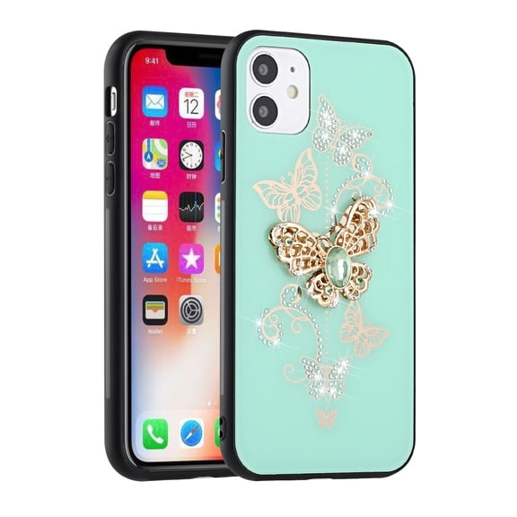 For Apple iPhone 8 Plus/7 Plus/6 6S Plus Diamond 3D Bling Sparkly Glitter Ornament Engraving Hybrid Armor Fashion Cover ,Xpm Phone Case [Teal Garden Butterflies]