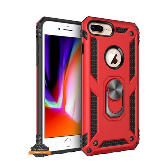 For Apple iPhone 8 Plus/7 Plus/6 6S Plus Hybrid Dual Layer PC + TPU with Ring Stand Metal Kickstand Heavy Duty Armor Phone Case Cover by Xpression - Red