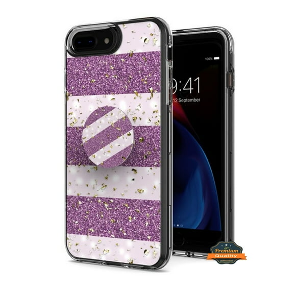 For Apple iPhone 8 Plus/7 Plus/6 6S Plus Pattern Design Bling Glitter Hybrid with Ring Stand Pop Up Finger Holder Kickstand Phone Case Cover by Xpression - Purple White
