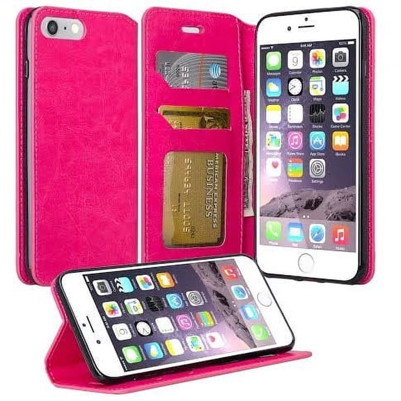 For Apple iPhone 8 Plus 7 Plus Case, Pu Leather Magnetic Flip Fold[Kickstand] Wallet Case with ID & Card Slots for Iphone 8/7 Plus - Hot Pink