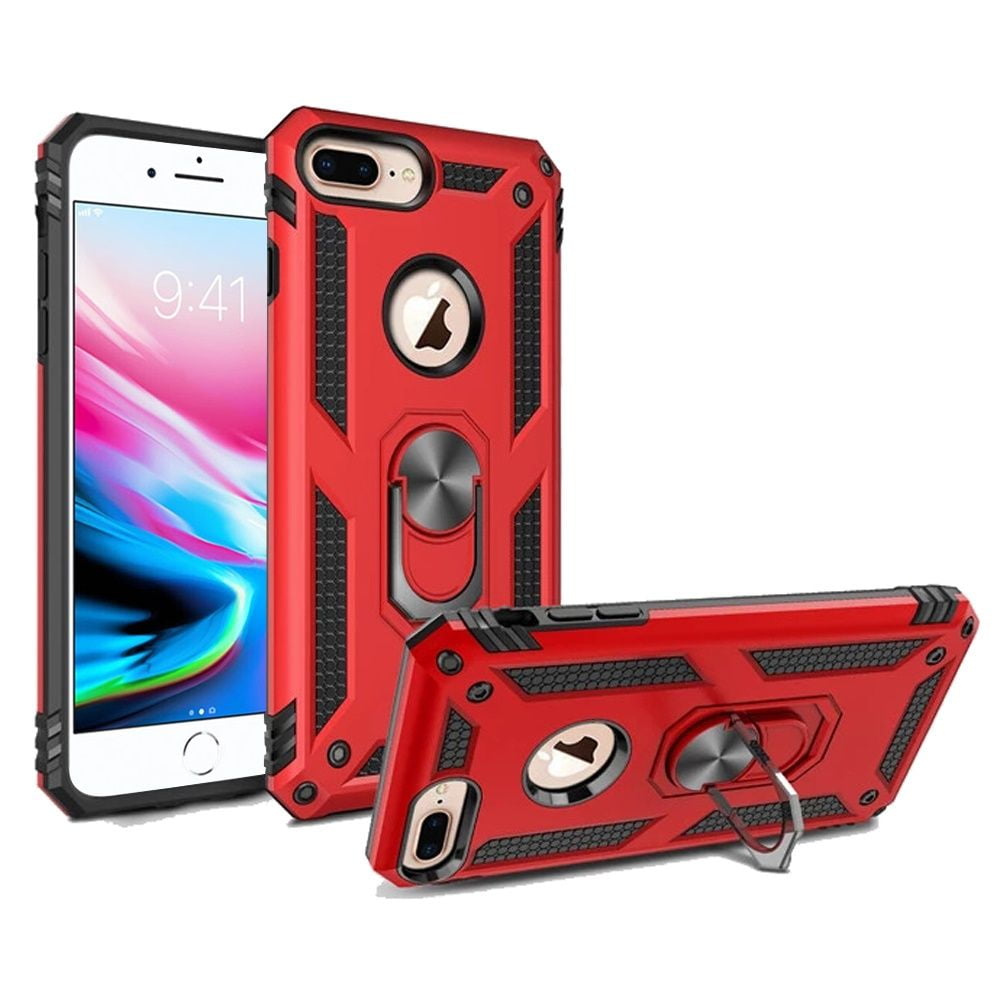 For Apple iPhone 8 Plus/7 Plus Military Grade Rugged Dual Layers Hard PC +  TPU Shockproof Hybrid with Ring Kickstand Cover ,Xpm Phone Case [ Red ]