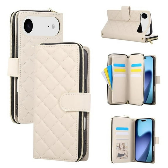 For Apple iPhone Air Wallet Case Magnetic Flip Cover 9-Card Slots Zipper Pocket With Detachable Shoulder Strap And Wrist Strap,Beige,For iPhone Air