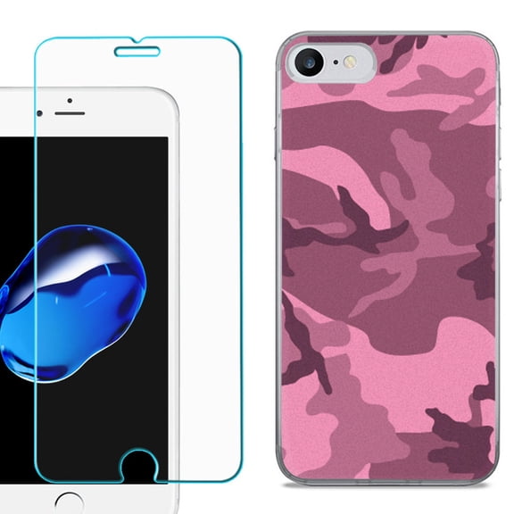 For Apple iPhone SE 2020 Case, Slim-Fit TPU Phone Case, with Tempered Glass Screen Protector, by OneToughShield ® - Camo Pink