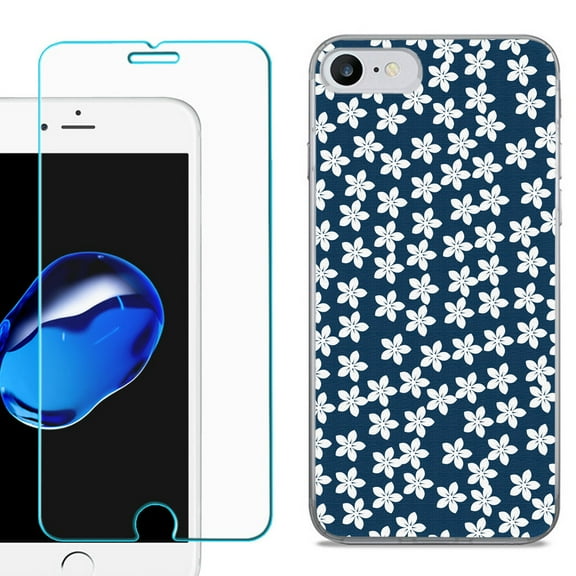 For Apple iPhone SE 2020 Case, Slim-Fit TPU Phone Case, with Tempered Glass Screen Protector, by OneToughShield ® - Flower/Blue