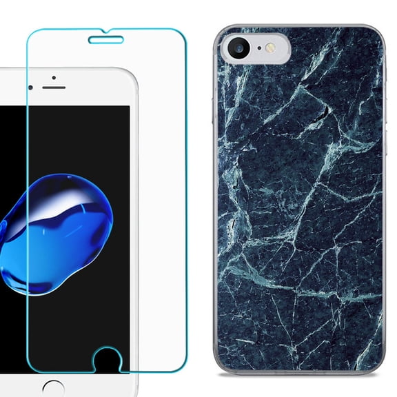 For Apple iPhone SE 2020 Case, Slim-Fit TPU Phone Case, with Tempered Glass Screen Protector, by OneToughShield ® - Marble / Blue