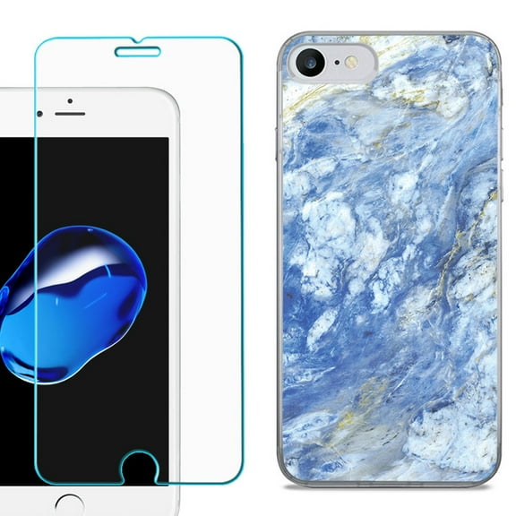 For Apple iPhone SE 2020 Case, Slim-Fit TPU Phone Case, with Tempered Glass Screen Protector, by OneToughShield - Marble / Gem Blue
