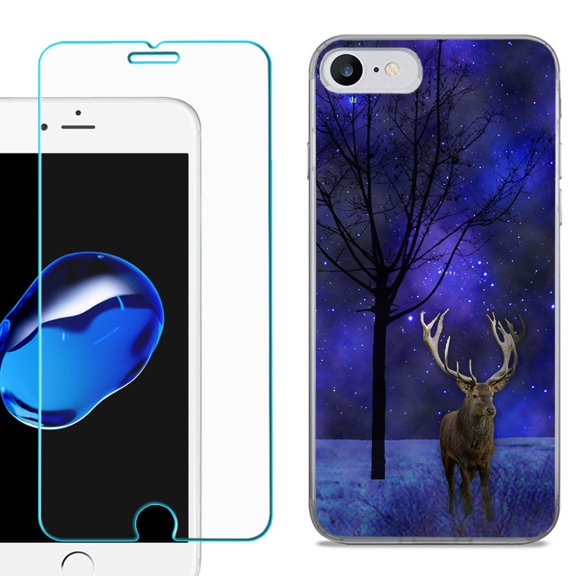 For Apple iPhone SE 2020 Case, Slim-Fit TPU Phone Case, with Tempered Glass Screen Protector, by OneToughShield ® - Midnight Deer