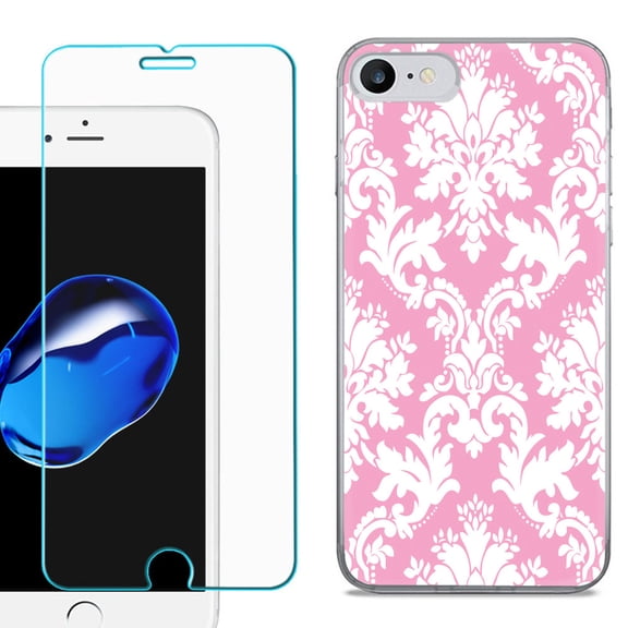 For Apple iPhone SE 2020 Case, Slim-Fit TPU Phone Case, with Tempered Glass Screen Protector, by OneToughShield ® - Victorian White/Pink
