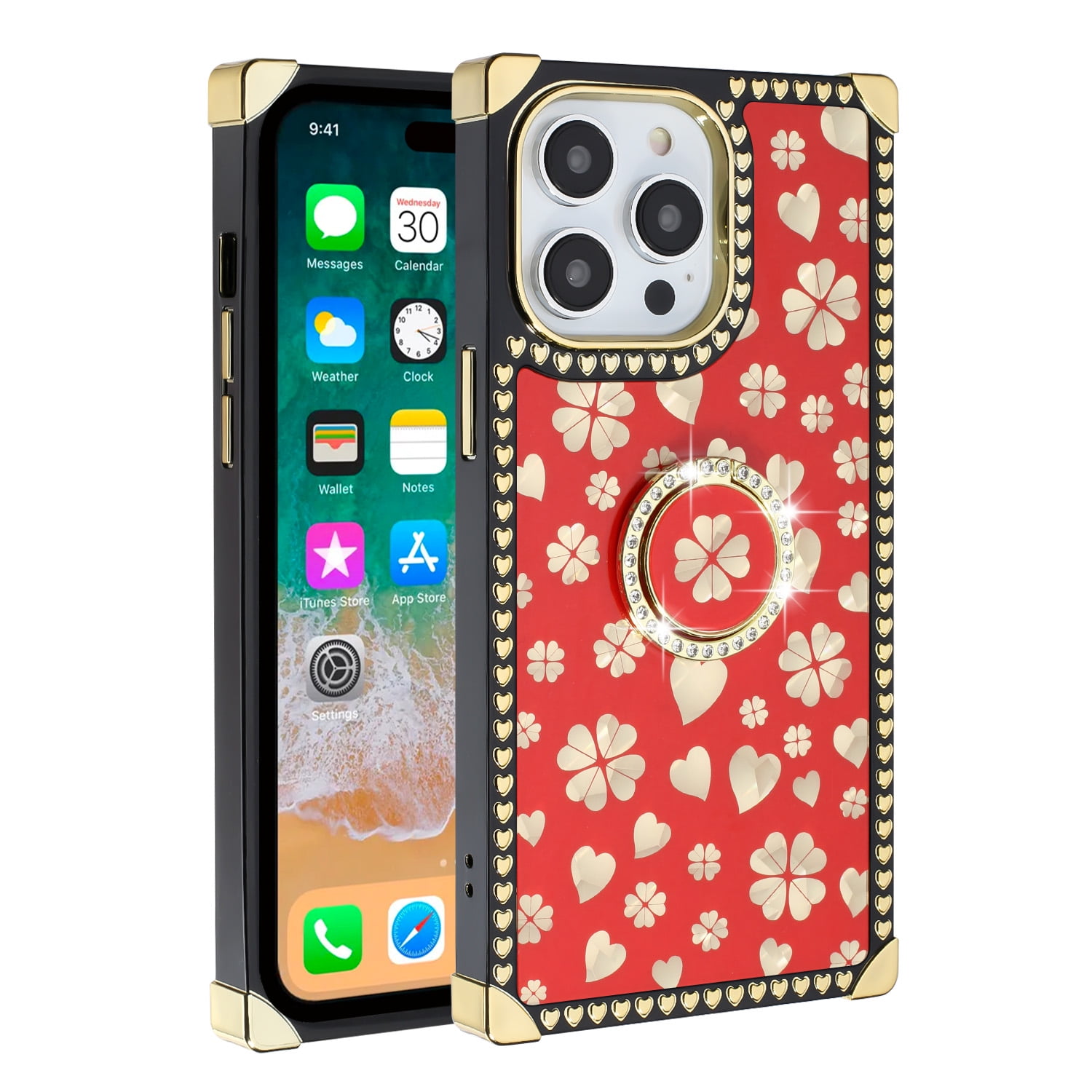 Luxury Rose Flower Glitter Gold Square Case For iPhone 15 14 Pro Max 13 PRO  11 15 PRO 12 Pro MAX XS XR X 7 8 Plus Stripe Cover