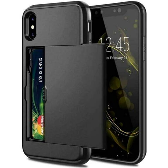 For Apple iPhone X Black Shockproof Card Slot Wallet Heavy Duty Case Tough 360 Cover Case