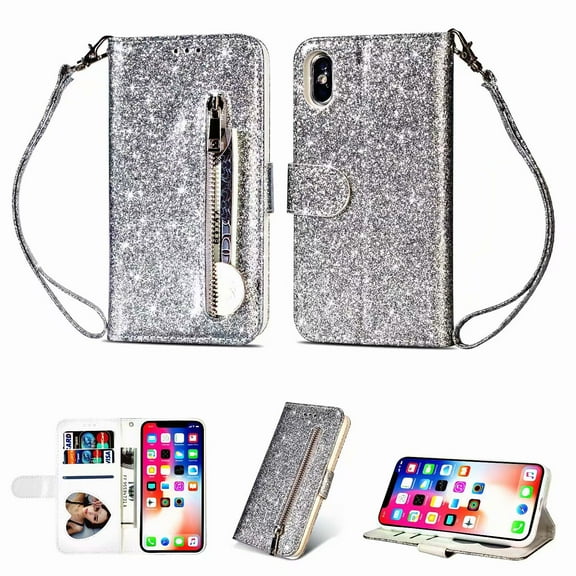 For Apple iPhone X Wallet Leather Case Diamond Glitter Bling Zipper Stand Shockproof Cover