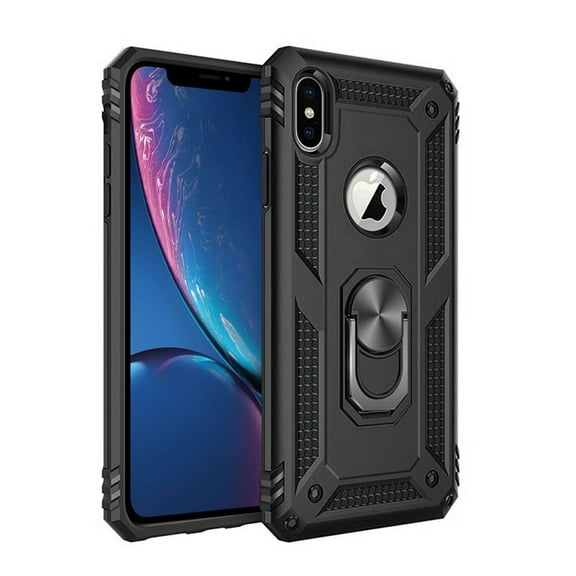 For Apple iPhone XR Military Grade Rugged Dual Layers Hard PC + TPU Shockproof Hybrid Protection with Ring Kickstand Cover ,Xpm Phone Case [ Black ]