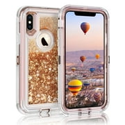 For Apple iPhone XR Tough Defender Sparkling Liquid Glitter Heart Case Cover Rose Gold