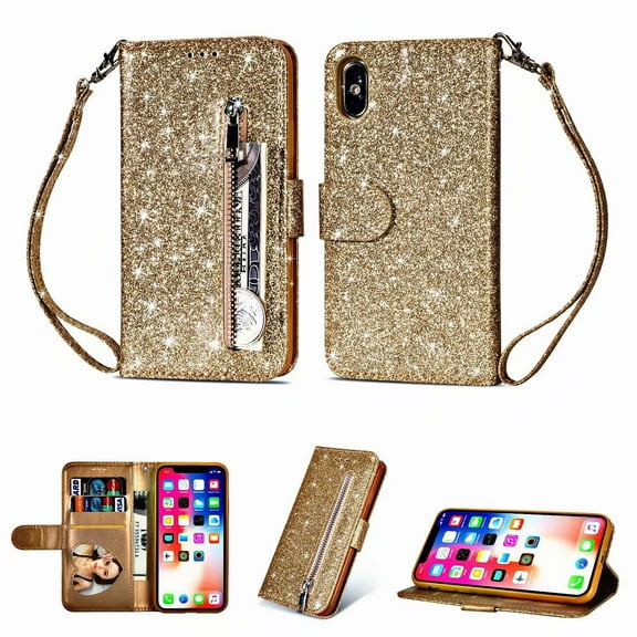 For Apple iPhone XS Max Wallet Leather Case Diamond Glitter Bling Zipper Stand Shockproof Cover